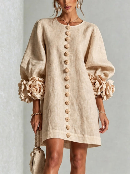 🤲LAST DAY SAVE 49% ⏰3D Floral Cuff Midi Dress – Relaxed A-Line Button Front— FREE Handbag