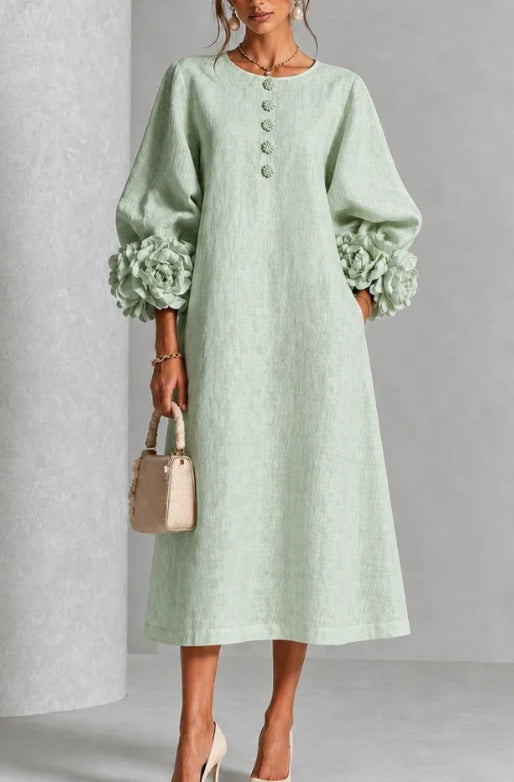 🤲LAST DAY SAVE 49% ⏰3D Floral Cuff Midi Dress – Relaxed A-Line Button Front
