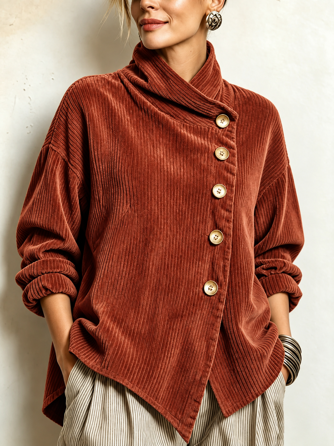 🅶Women's Corduroy Button-Up Top | Relaxed Asymmetrical Wrap Collar Shirt
