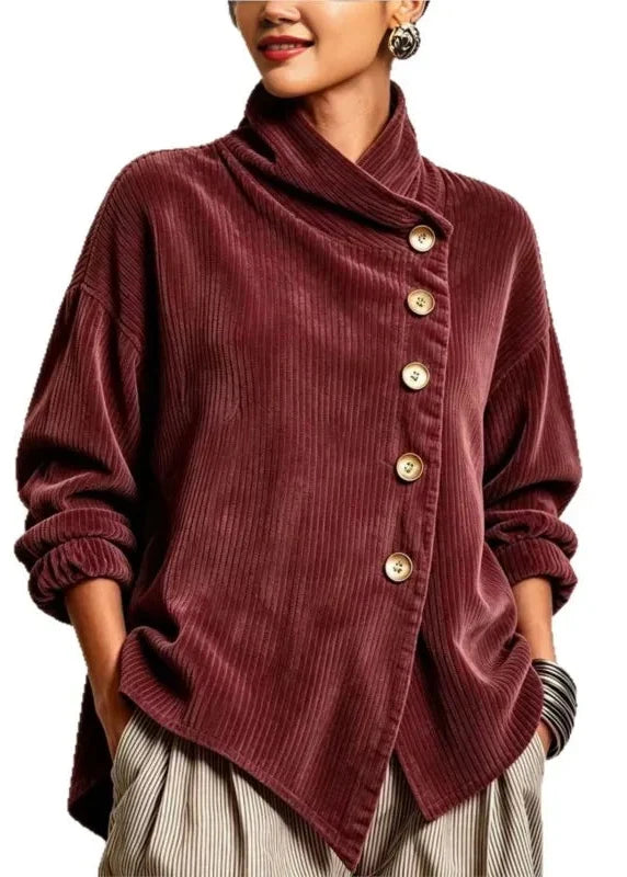 🅶Women's Corduroy Button-Up Top | Relaxed Asymmetrical Wrap Collar Shirt