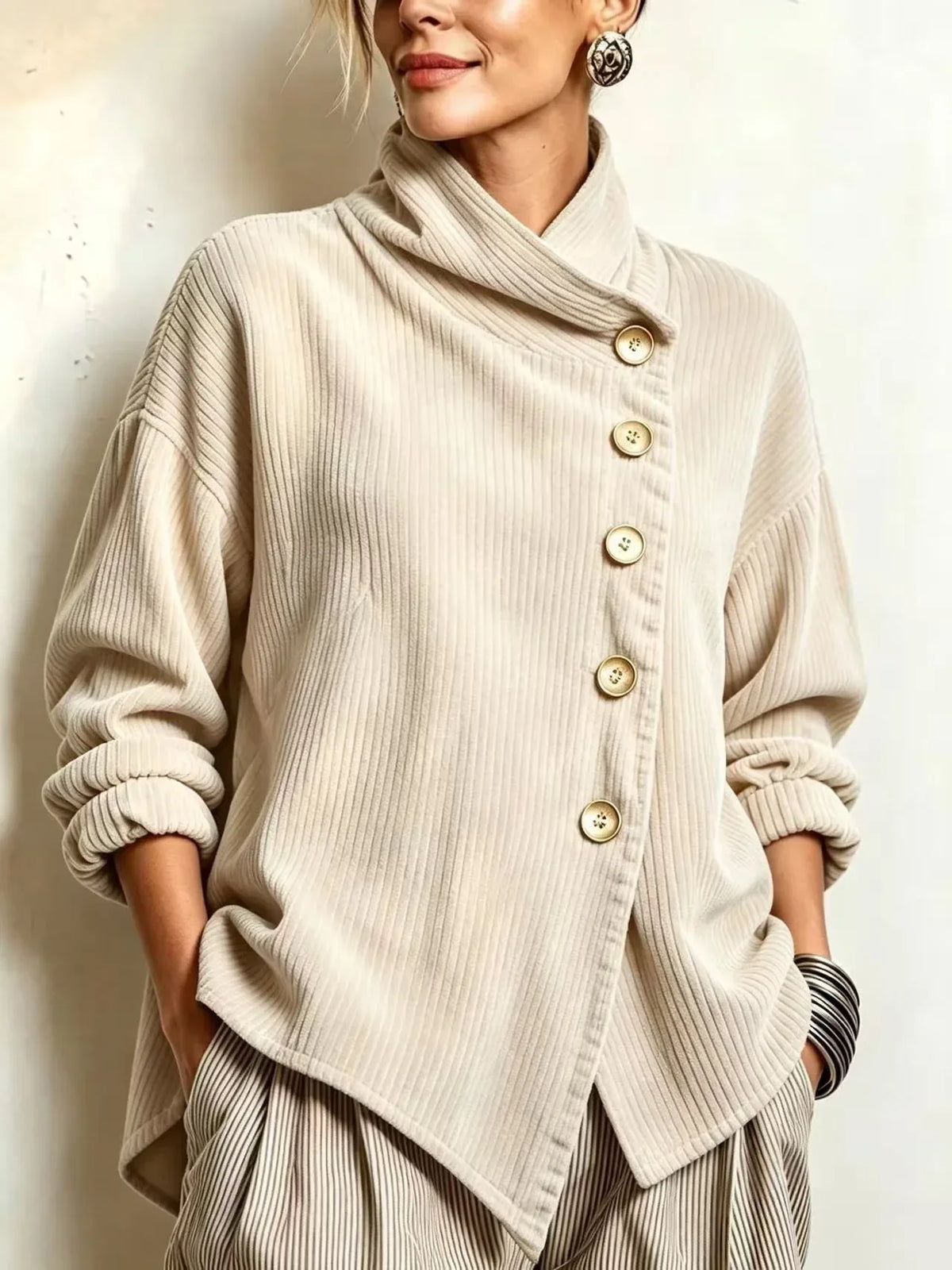 🅶Women's Corduroy Button-Up Top | Relaxed Asymmetrical Wrap Collar Shirt