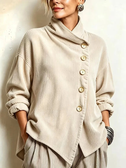 🅶Women's Corduroy Button-Up Top | Relaxed Asymmetrical Wrap Collar Shirt