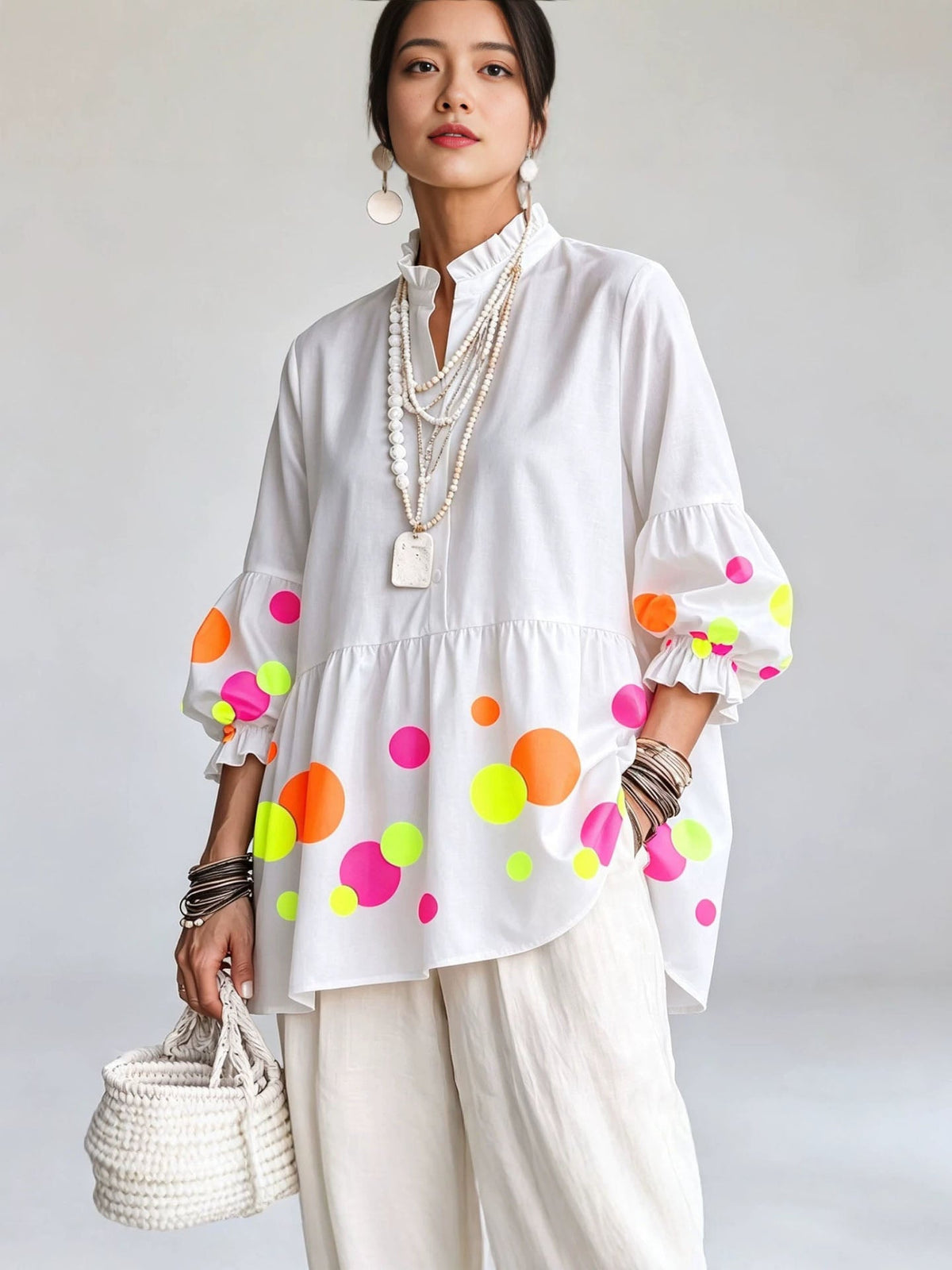 💛Artistic Neon Polka-Dot Linen Peplum Tunic