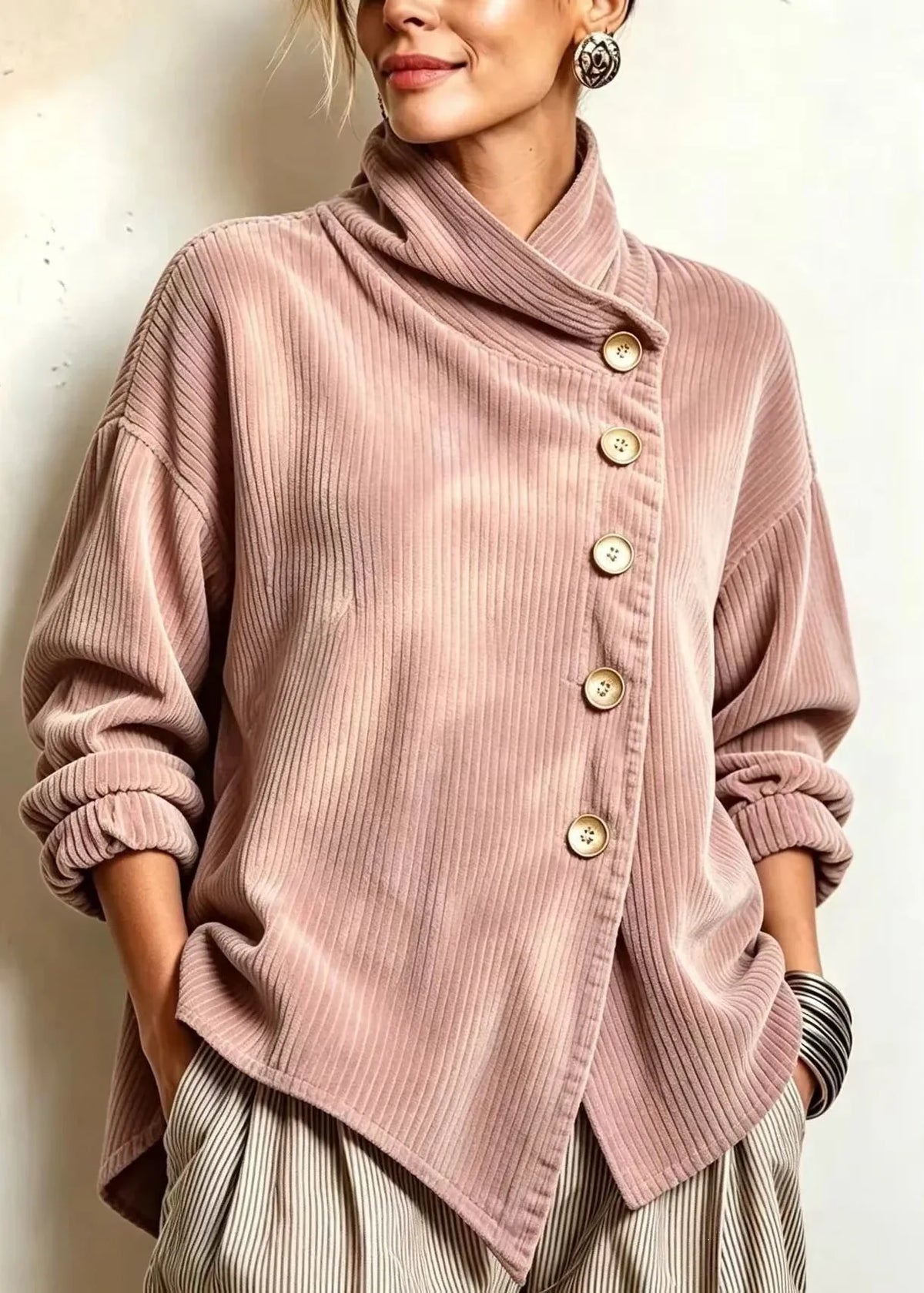 🅶Women's Corduroy Button-Up Top | Relaxed Asymmetrical Wrap Collar Shirt
