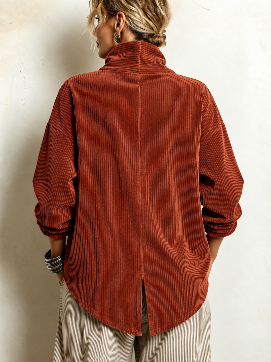 🅶Women's Corduroy Button-Up Top | Relaxed Asymmetrical Wrap Collar Shirt