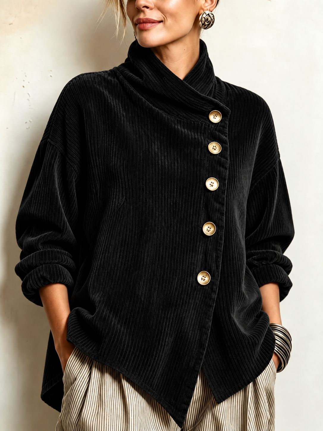 🅶Women's Corduroy Button-Up Top | Relaxed Asymmetrical Wrap Collar Shirt