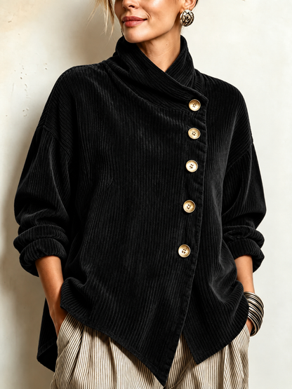 🅶Women's Corduroy Button-Up Top | Relaxed Asymmetrical Wrap Collar Shirt