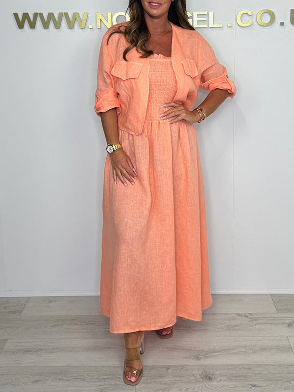 CLEARANCE🔥 Linen Smocked Dress With Over Jacket Two-piece Set