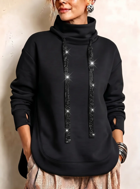 🤲LAST DAY SAVE 49% ⏰Chic Rhinestone-Drawstring Cowl-Neck Sweatshirt