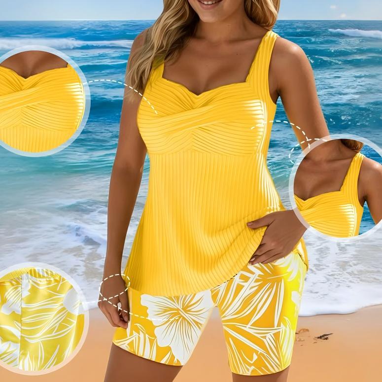 ✨✨Two-piece Body Covering Surplice Tankini Printed Boxer Swimsuit