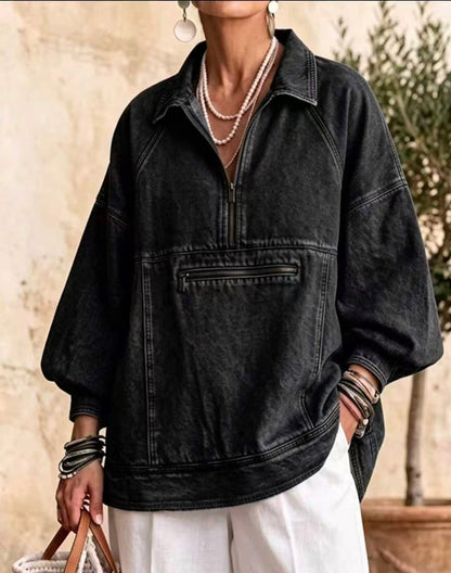 🤲LAST DAY SAVE 49% ⏰Half Zip Collared Lantern Sleeve Denim Jacket