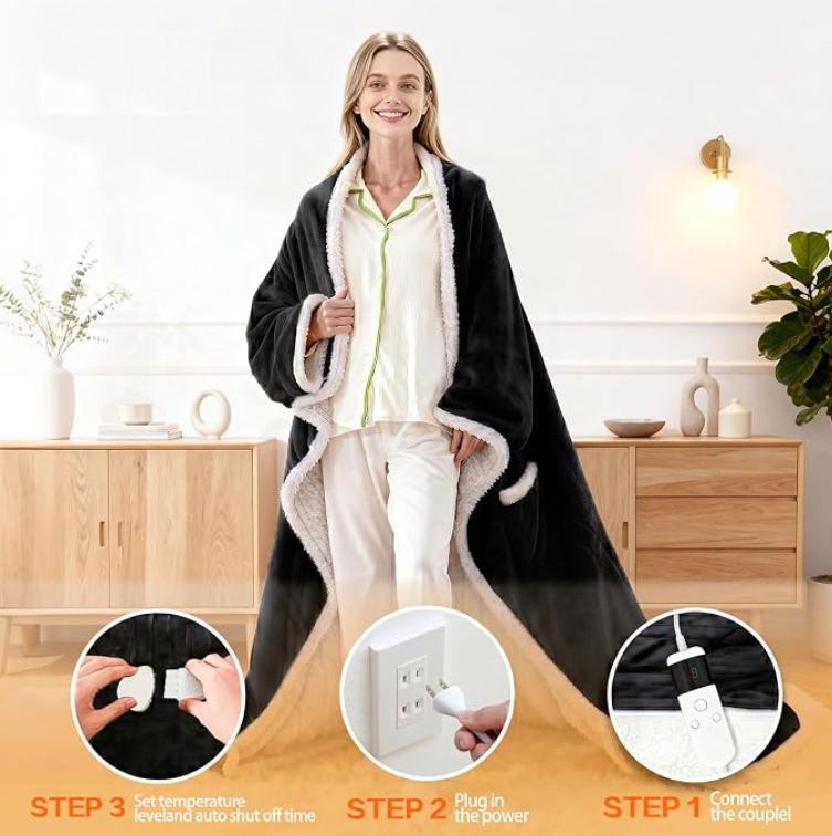 💛Wearable Heated Blanket with Sleeves | 10 Heat Settings, Auto Shut Off, Machine Washable 52”*72”+18”