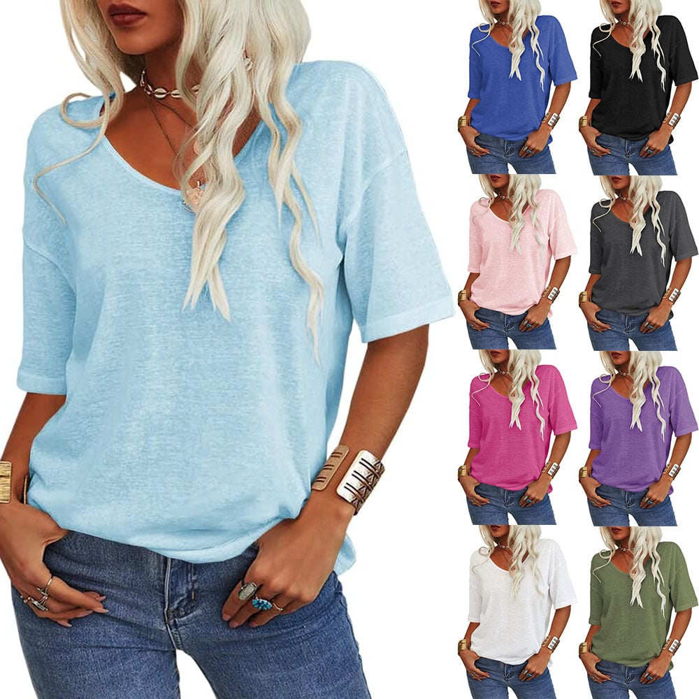 📦📦LAST DAY SAVE 49% ⏰Women's Soft Solid Color Vneck Tshirt Cotton Half Sleeve Half Sleeve Casual Loose