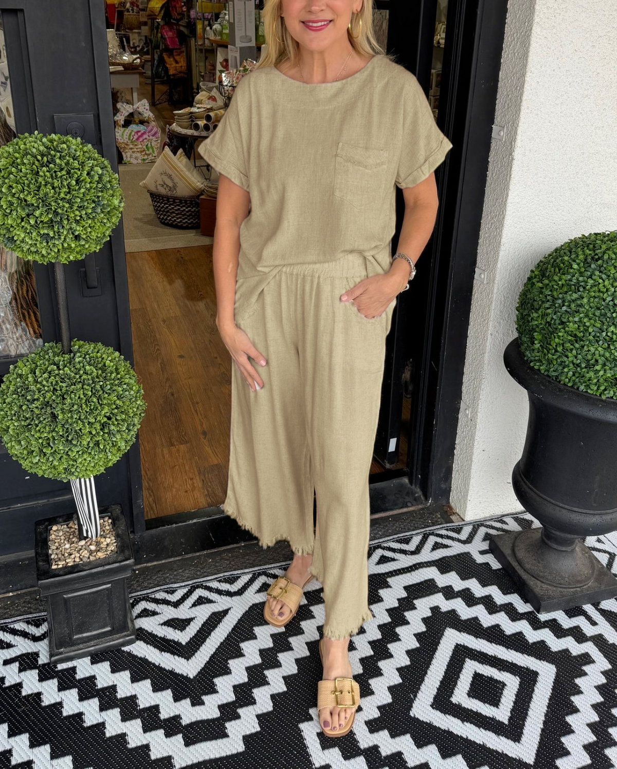 Women's Casual Solid Cotton Linen Lounge Set