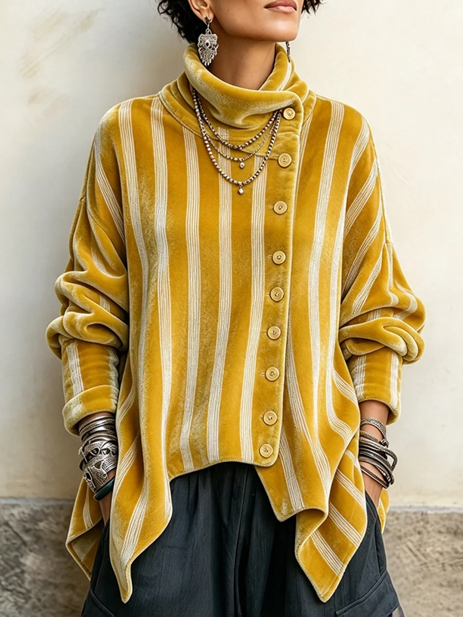 💛LAST DAY SAVE 49% ⏰Chic Velvet Asymmetric Button Turtleneck Top