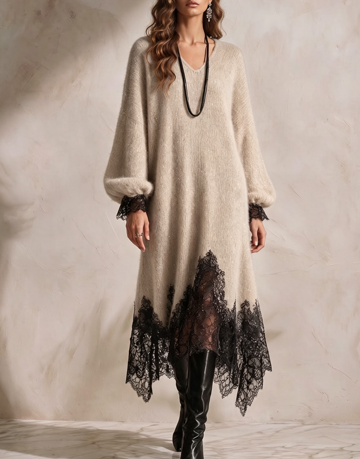 💛LAST DAY SAVE 49% ⏰Women's V-neck Long-sleeve Casual Loose-fit Knit Dress With Lace Paneling And Subtle Shimmer-✨FREE Handbag