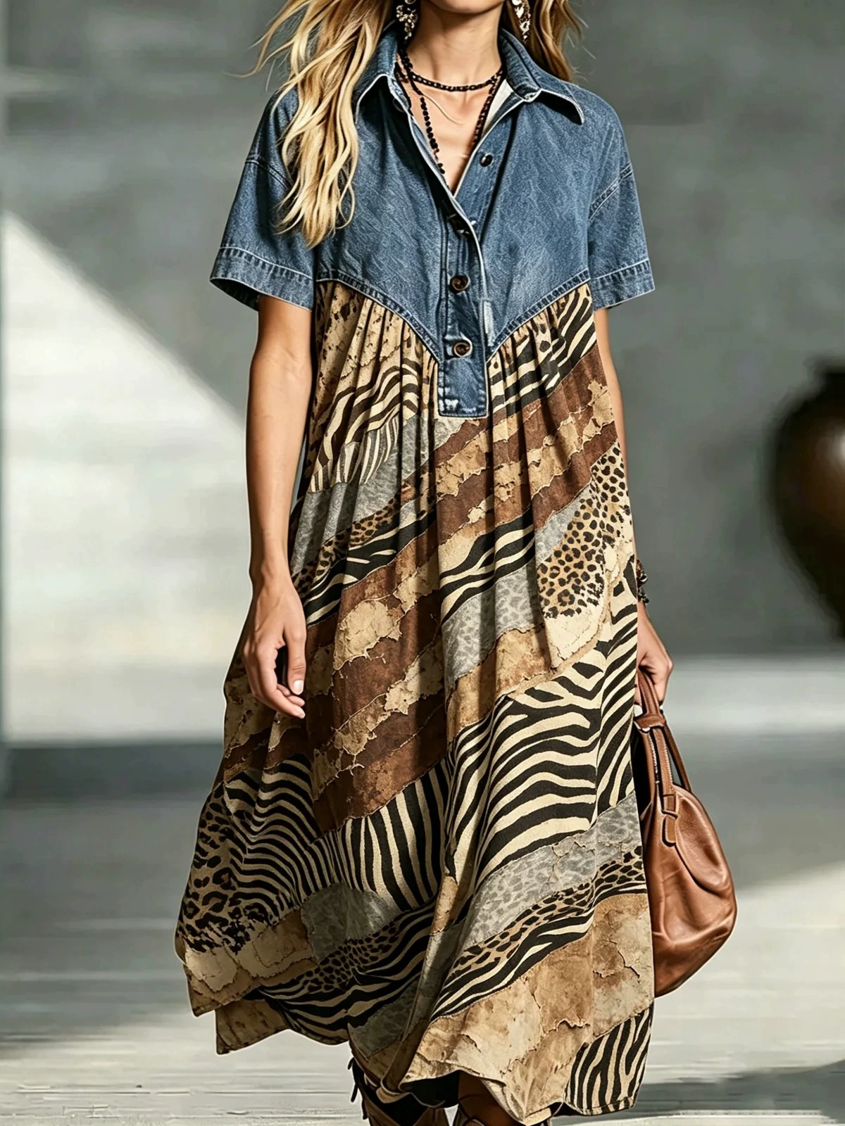 💛Women’s Denim Spliced Gradient Leopard Print Shirt Midi Dress