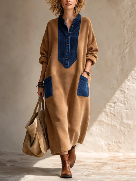 🤲LAST DAY SAVE 49% ⏰Boho Casual Cozy Colorblock Faux Suede Maxi Dress