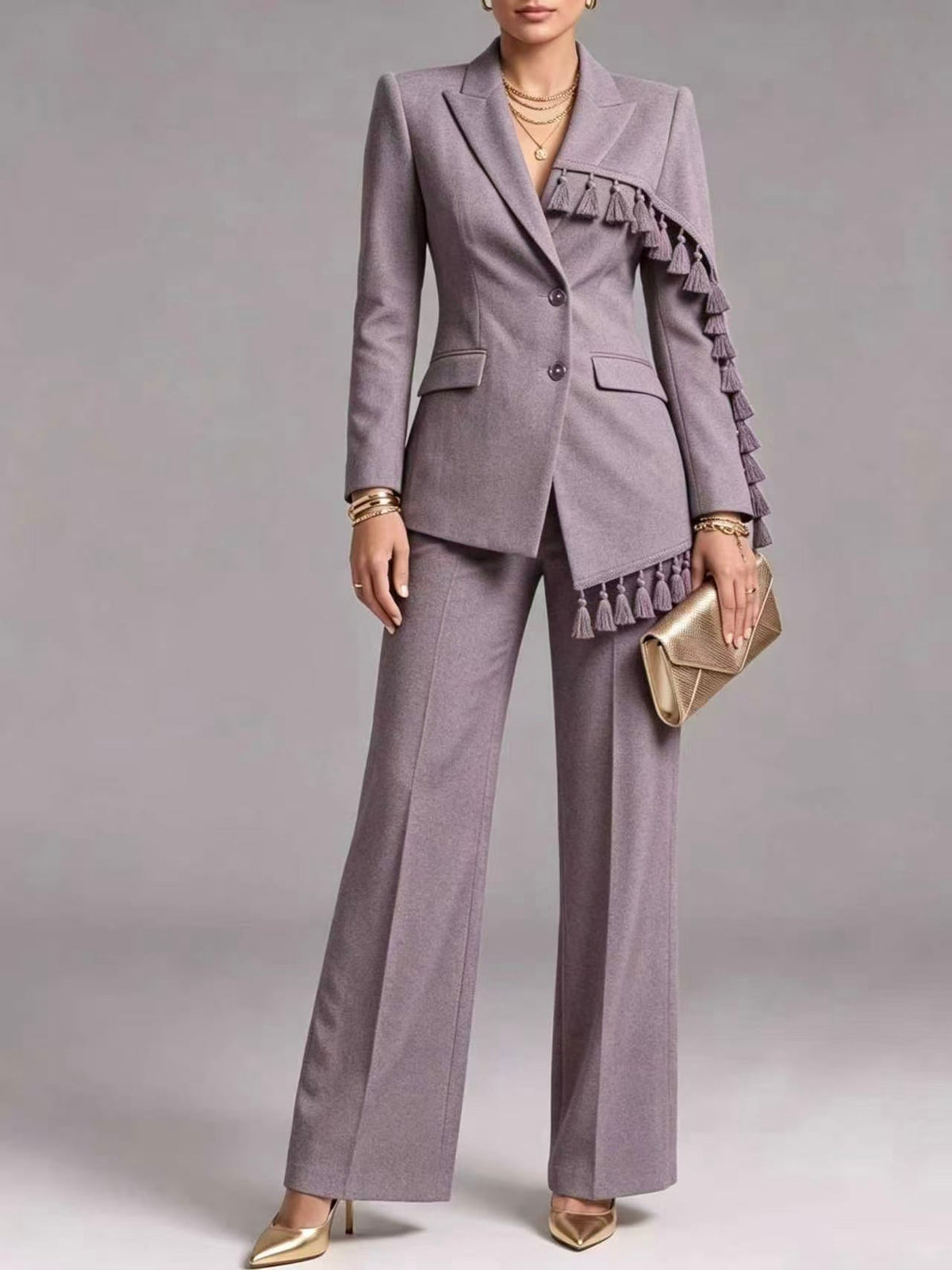 🤲LAST DAY SAVE 49% ⏰Elegant Tassel Trim Blazer & Wide-Leg Pants Set