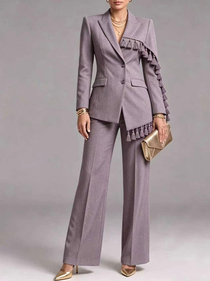 🤲LAST DAY SAVE 49% ⏰Elegant Tassel Trim Blazer & Wide-Leg Pants Set
