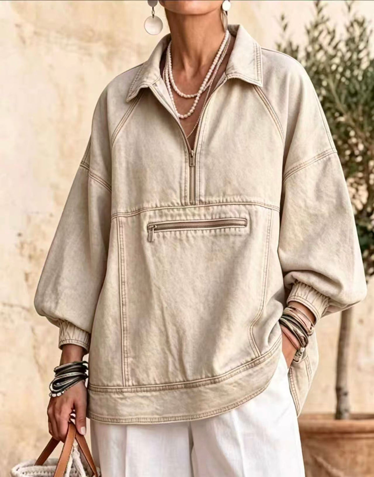 🤲LAST DAY SAVE 49% ⏰Half Zip Collared Lantern Sleeve Denim Jacket