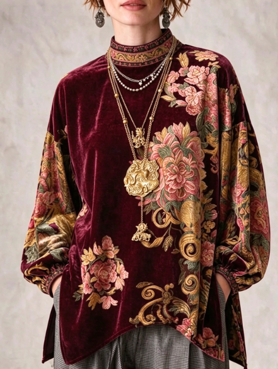 🤲LAST DAY SAVE 49% ⏰Bohemian-style Vintage-inspired Velvet Top With A Lavish Floral Print.