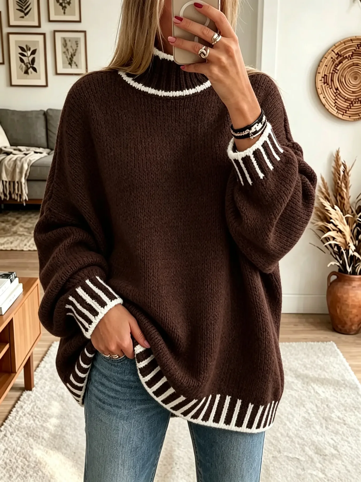 💛LAST DAY SAVE 49% ⏰Women's Striped Trim Mock Neck Sweater