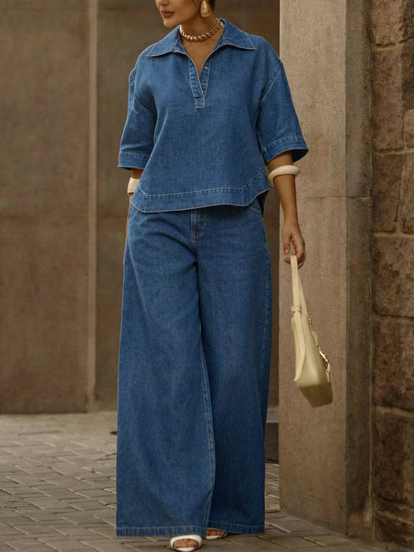 💝💝Women's Casual 100% Cotton Denim Top And Wide-leg Pants Two-piece Set