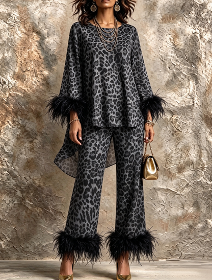 💛LAST DAY SAVE 49% ⏰Chic Leopard Print Feather-Trimmed Two-Piece Set