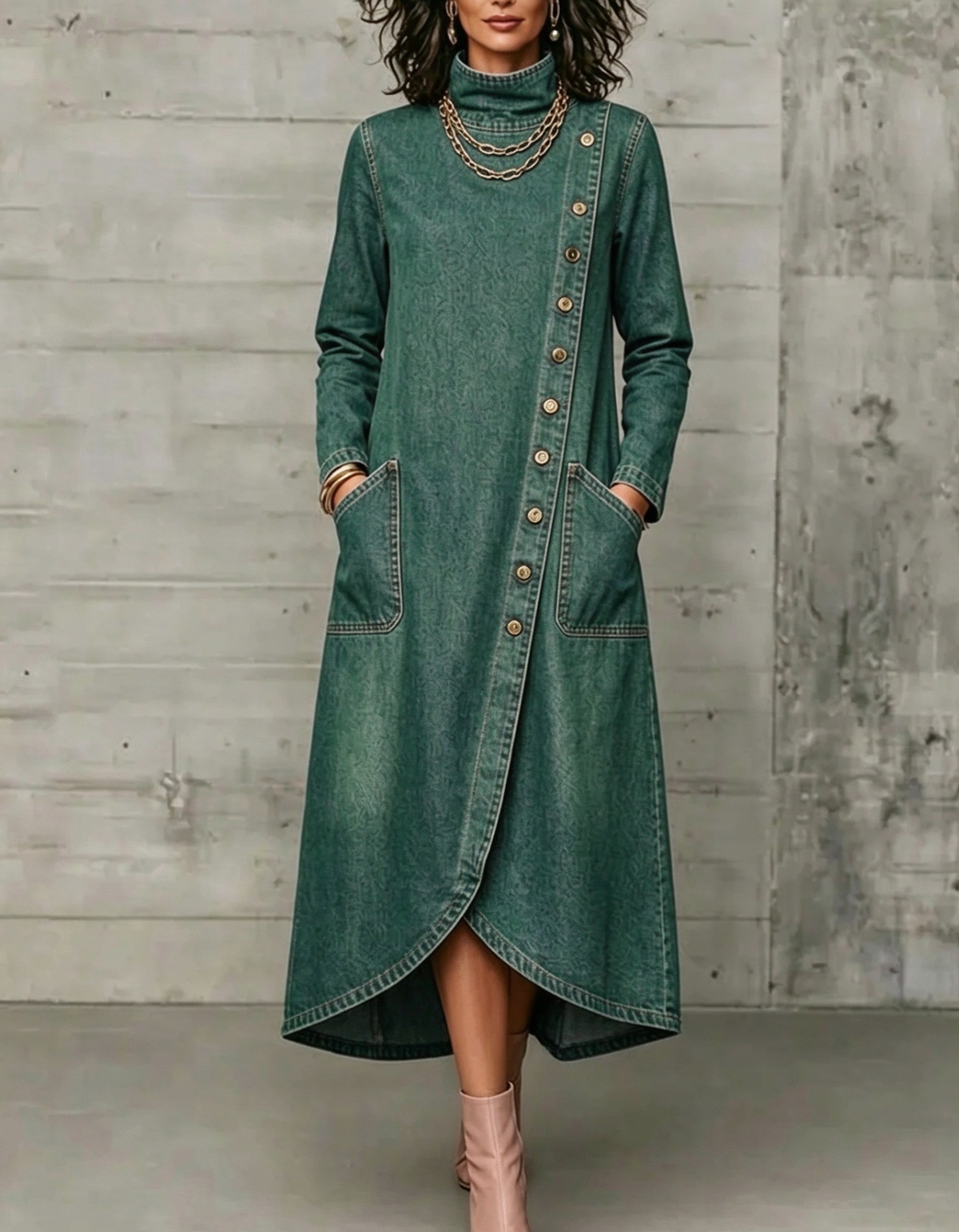 💛LAST DAY SAVE 49% ⏰High Neck Diagonal Button Large Pocket Denim Maxi Dress