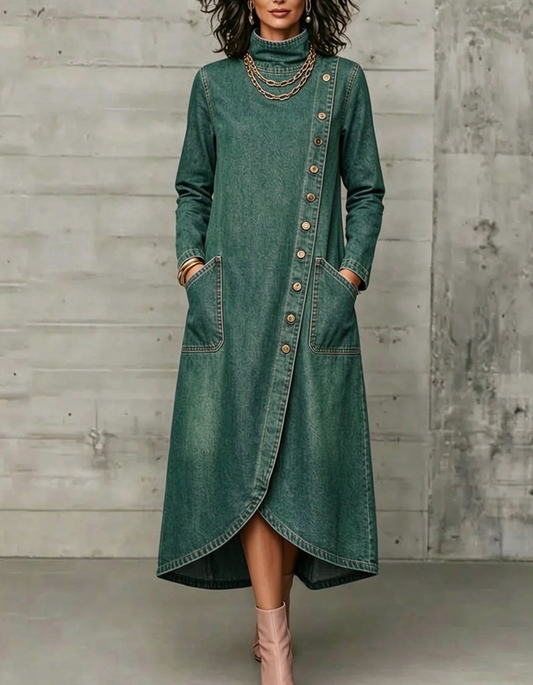 💛LAST DAY SAVE 49% ⏰High Neck Diagonal Button Large Pocket Denim Maxi Dress