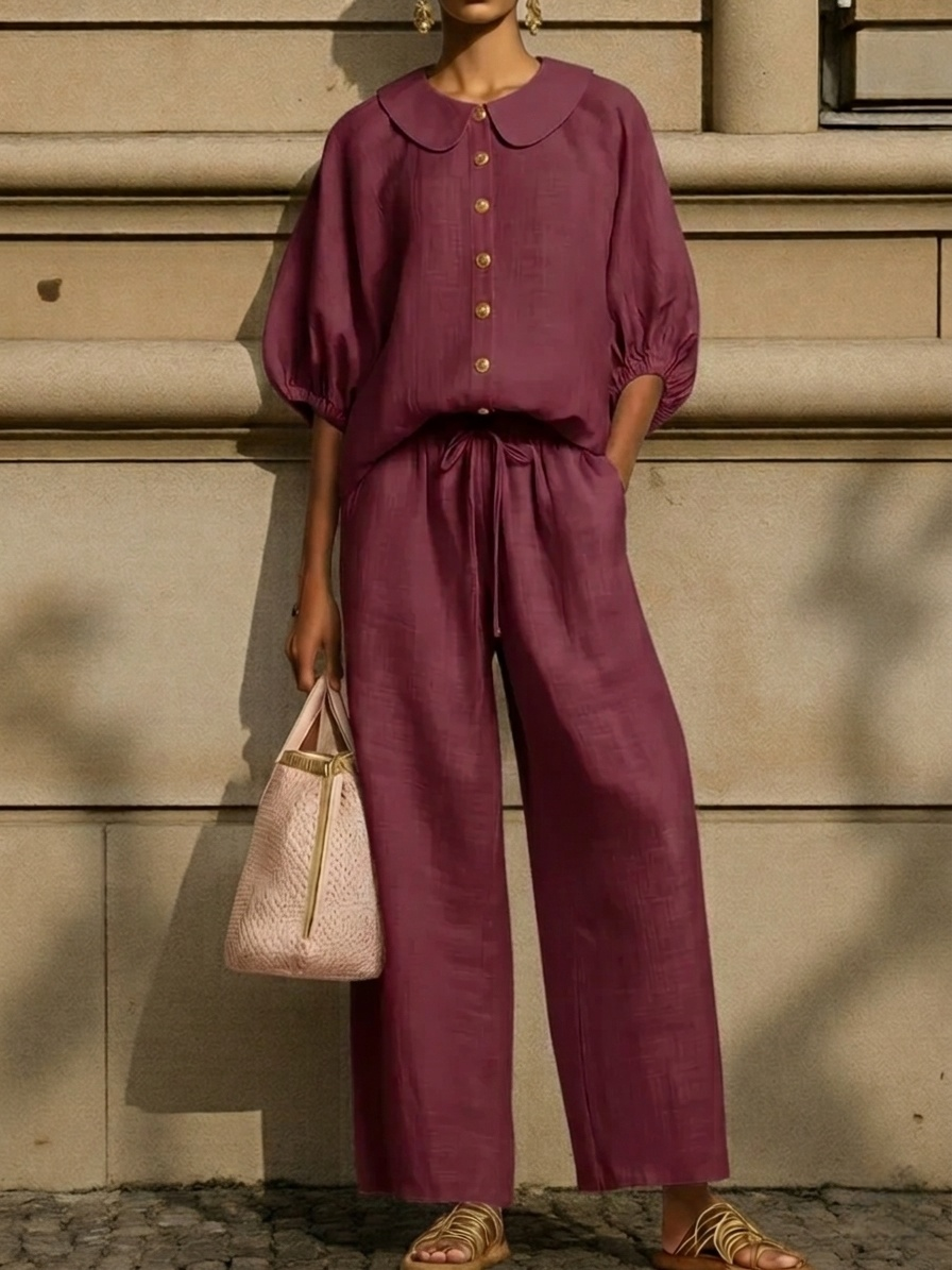 🌿Stylish Linen 2-Piece | Peter Pan Collar Shirt + Wide Leg Pants