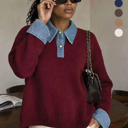 💚Korean Style Denim Patchwork Knit Pullover Sweater for Women