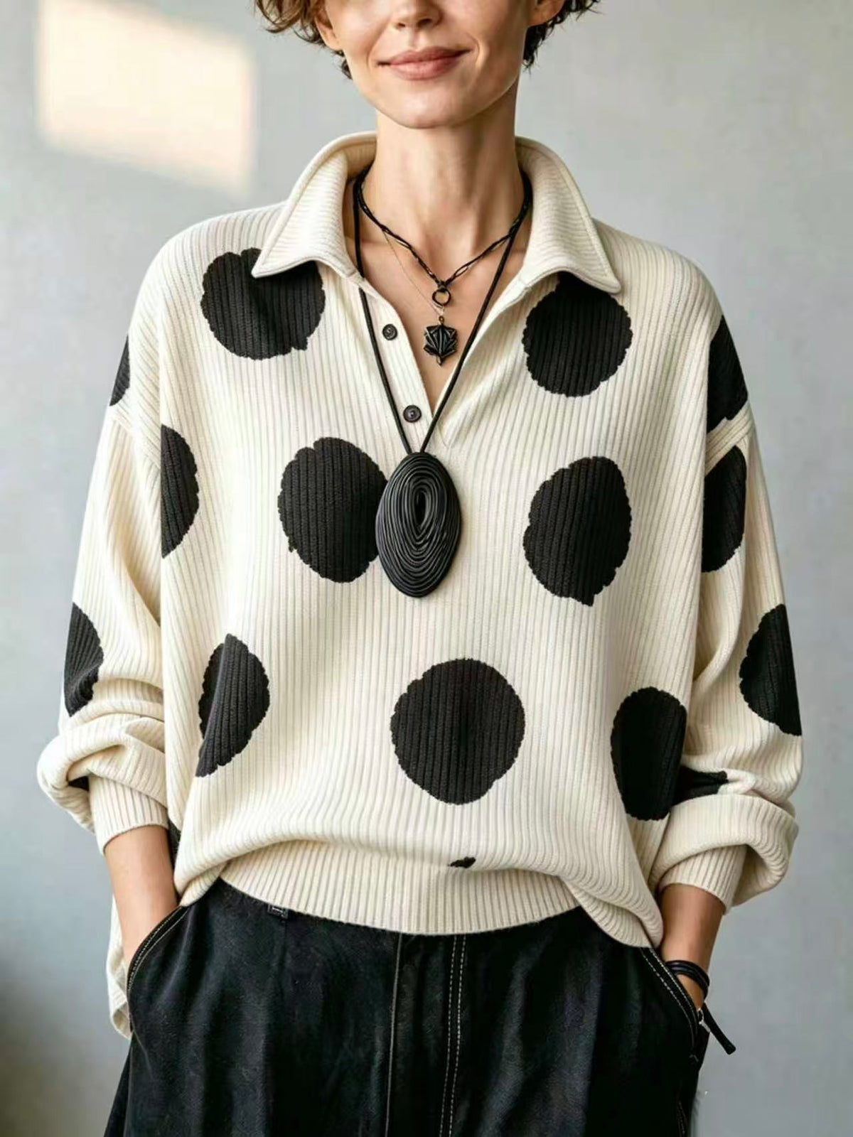 🤲LAST DAY SAVE 49% ⏰Cozy Oversized Polka Dot Lapel Collar Knit Top