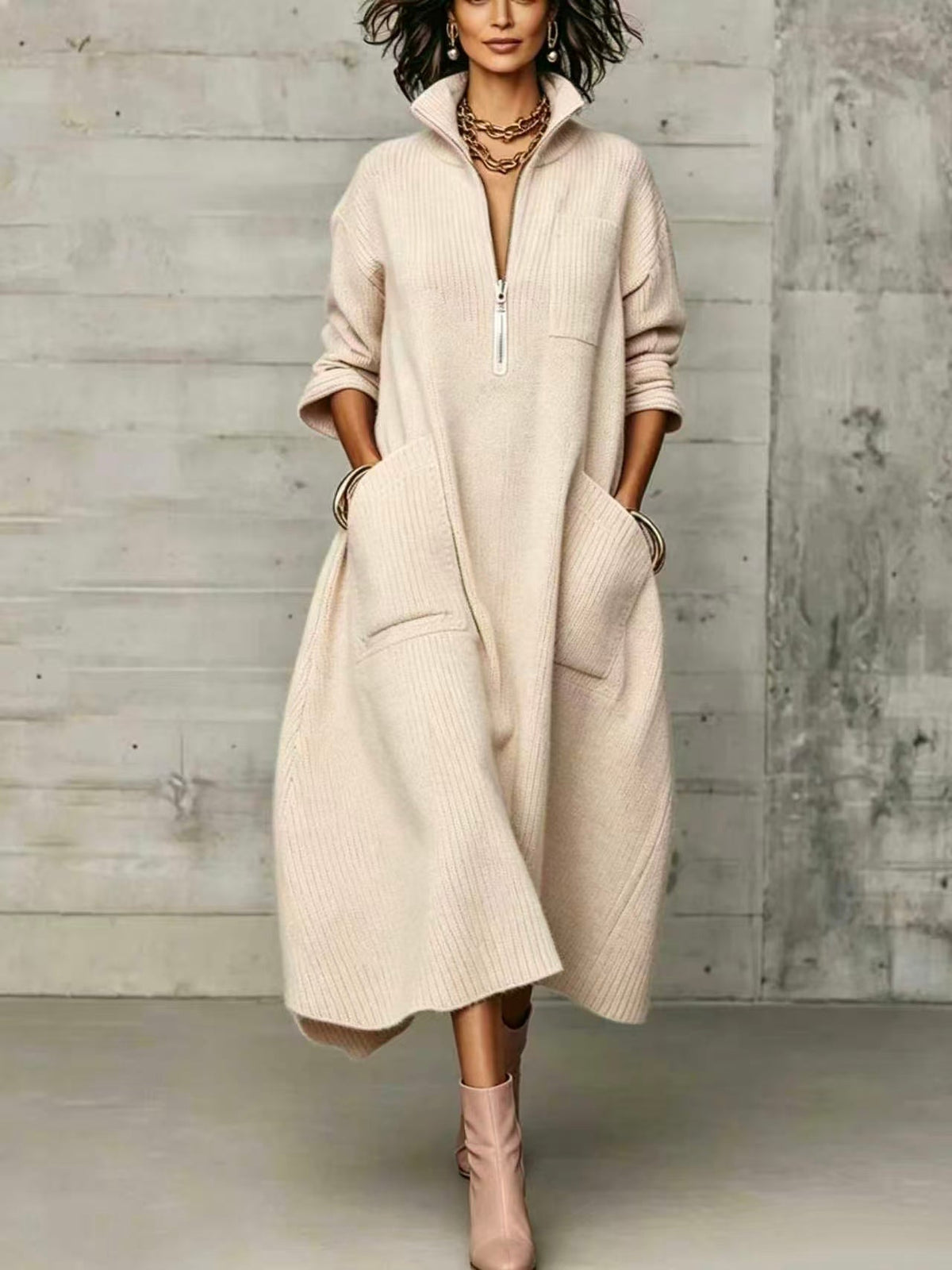 🤲LAST DAY SAVE 49% ⏰Elegant Quarter-zip High Collar Oversized Knit Midi Dress