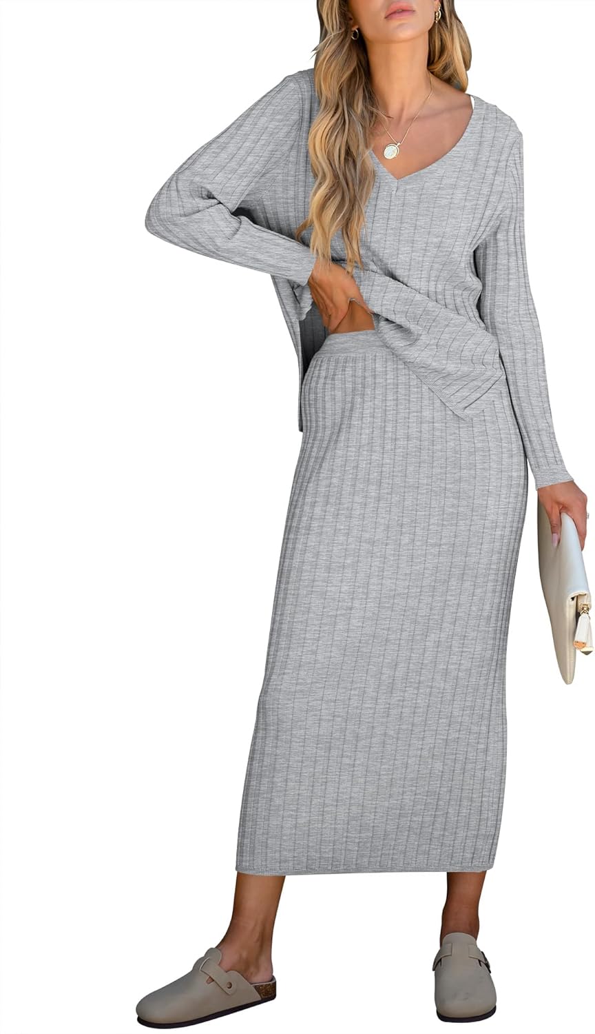 🎄Christmas Clearance🔥Women's Long Sleeve V Neck Ribbed Knit Dress Set