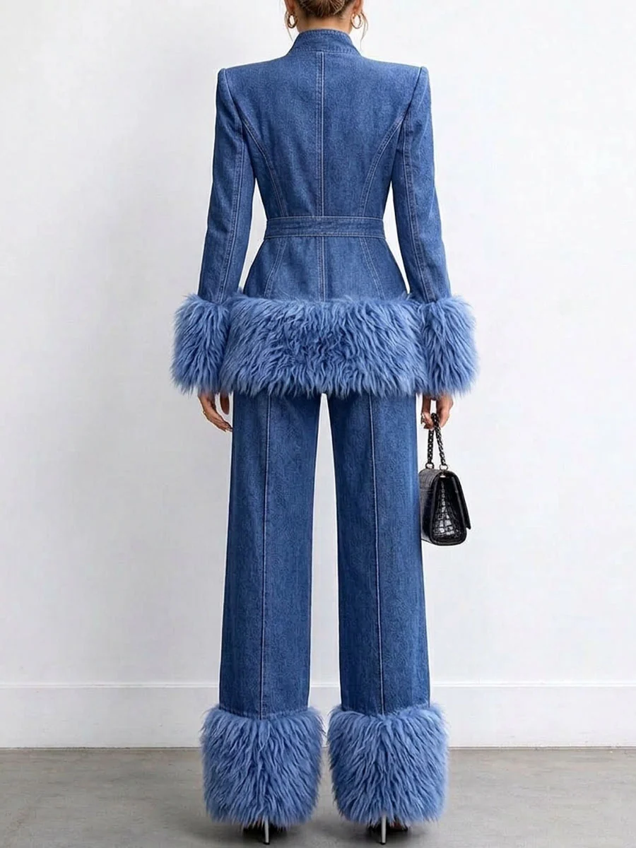 💛LAST DAY SAVE 49% ⏰Women's Tailored Denim Jacket with Faux Fur Trim-FREE Handbag