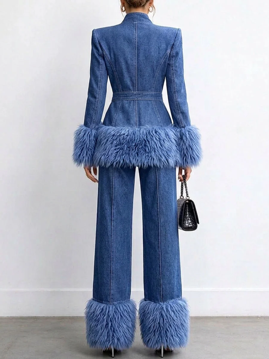 💛LAST DAY SAVE 49% ⏰Women's Tailored Denim Jacket with Faux Fur Trim-FREE Handbag
