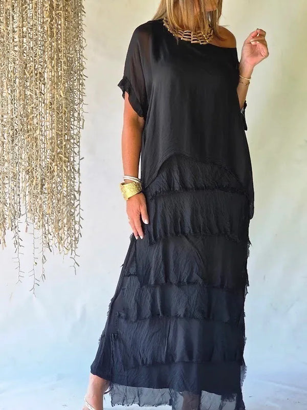 Luxe Black Ruffle Layered Silk Two-Piece