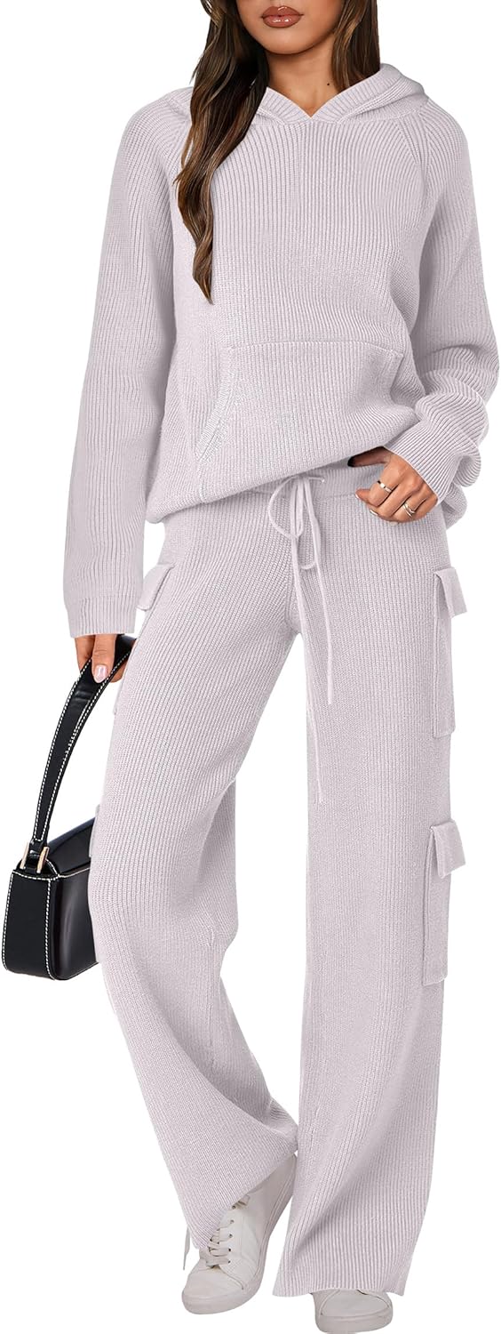 🎄Christmas Sale🔥 Women’s Two Piece Outfits Casual Knit Hooded Sweater Straight Leg Pants Set
