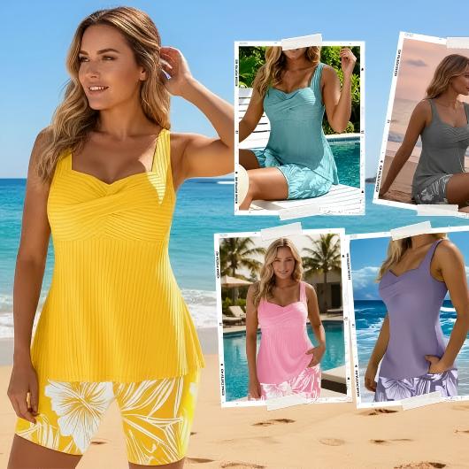 ✨✨Two-piece Body Covering Surplice Tankini Printed Boxer Swimsuit