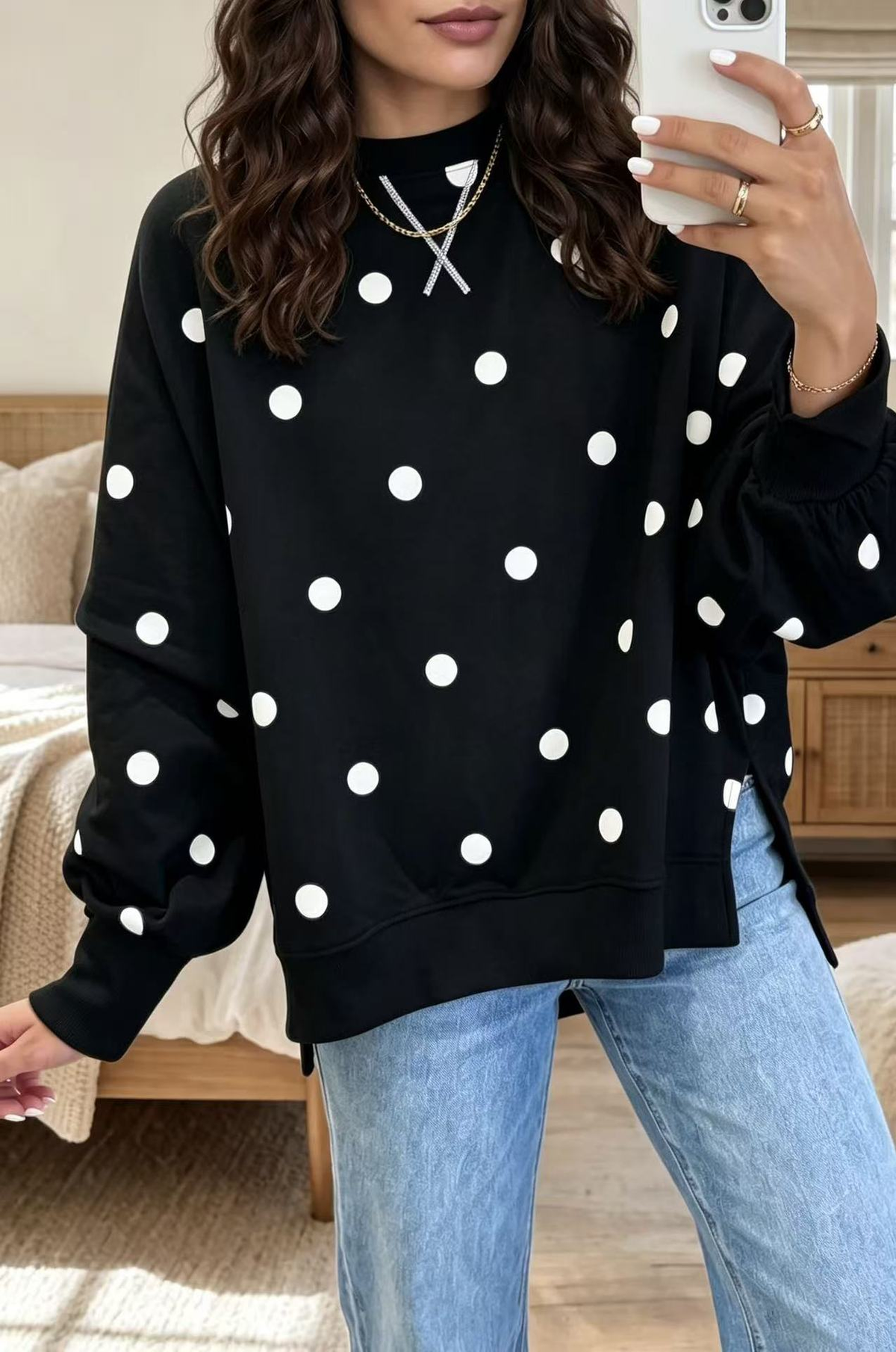 💛Chic Sunshine Yellow & Blue Polka Dot Sweatshirt