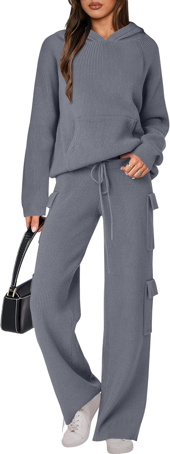 🎄Christmas Sale🔥 Women’s Two Piece Outfits Casual Knit Hooded Sweater Straight Leg Pants Set