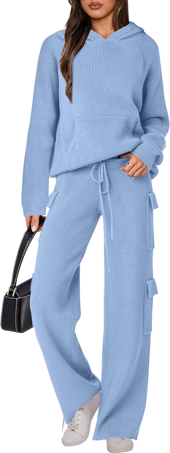 🎄Christmas Sale🔥 Women’s Two Piece Outfits Casual Knit Hooded Sweater Straight Leg Pants Set