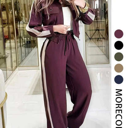 💚Casual Women's Two-Piece Set with High Waist Pants and Short Zipper Jacket, Polyester, Multiple Colors