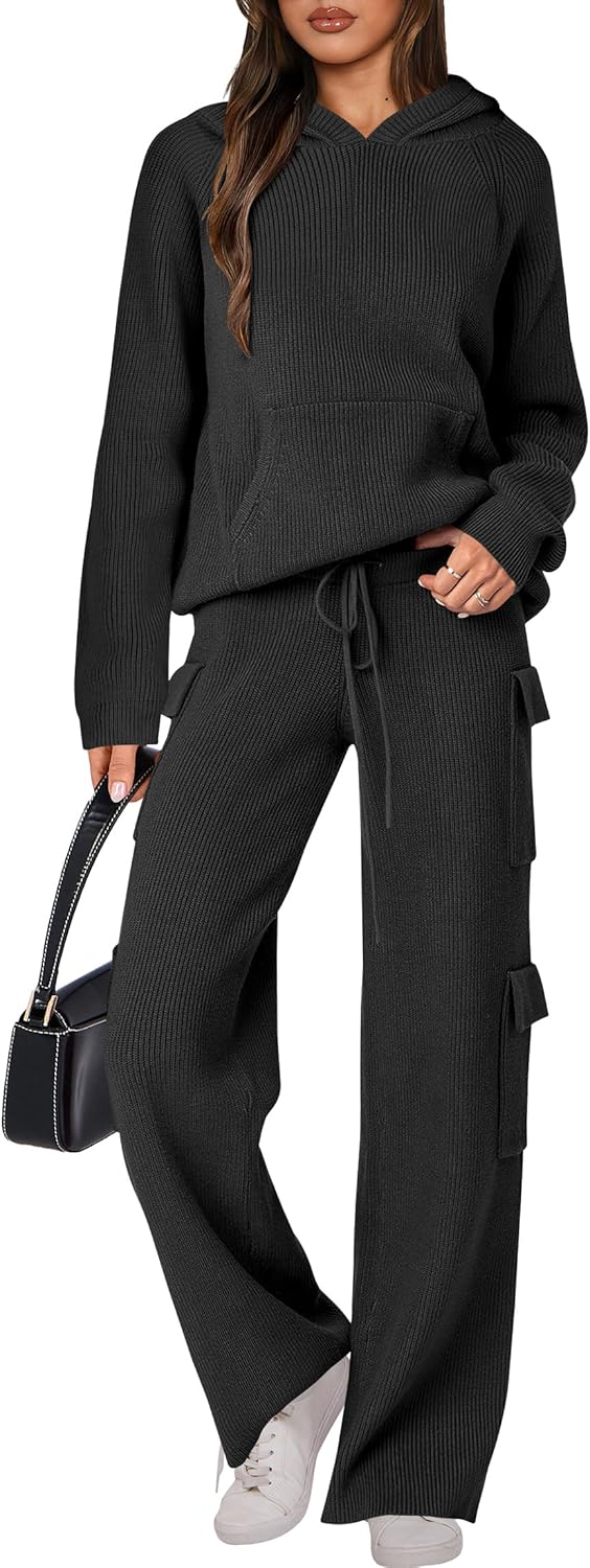 🎄Christmas Sale🔥 Women’s Two Piece Outfits Casual Knit Hooded Sweater Straight Leg Pants Set