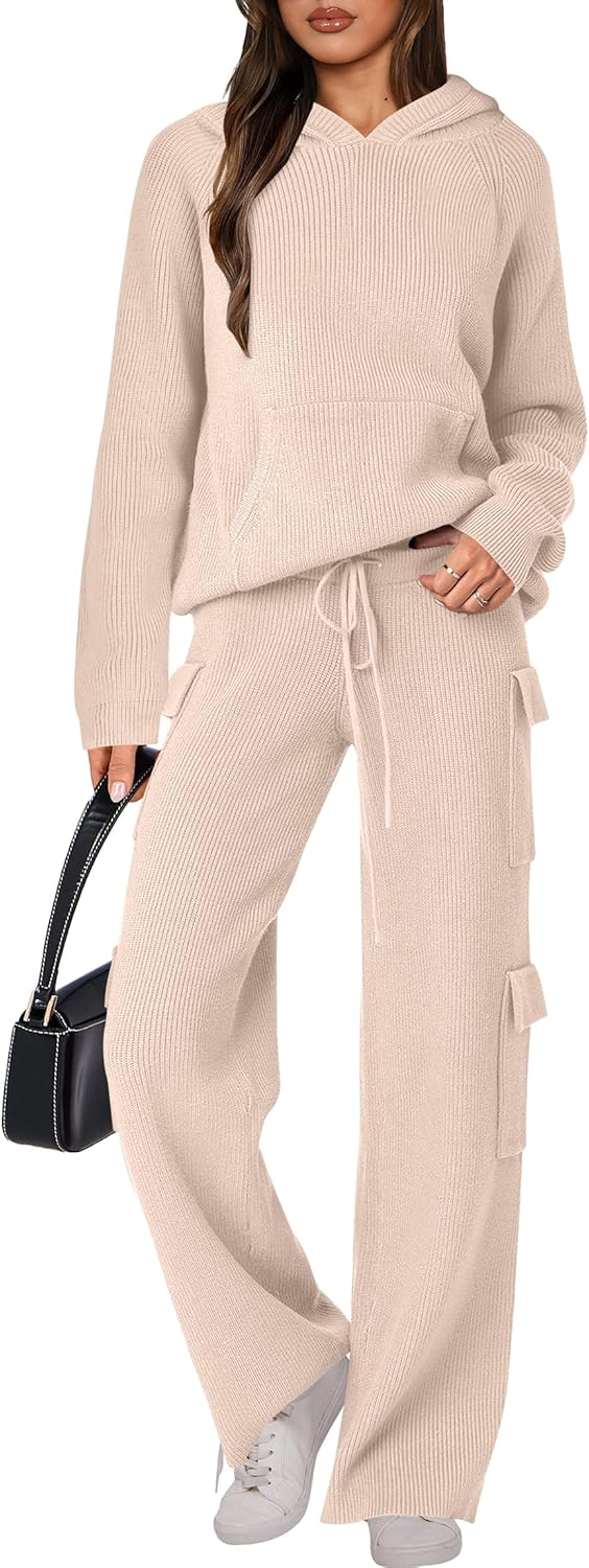 🎄Christmas Sale🔥 Women’s Two Piece Outfits Casual Knit Hooded Sweater Straight Leg Pants Set