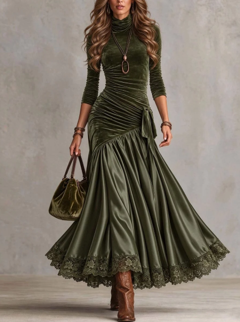 🤲LAST DAY SAVE 49% ⏰Women's Vintage Velvet Ruched Maxi Dress with Lace Trim