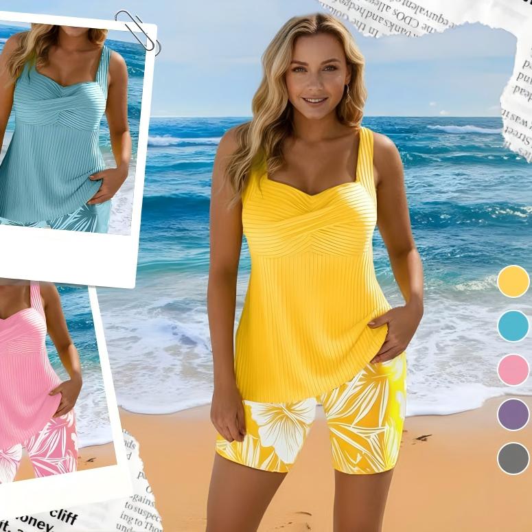 ✨✨Two-piece Body Covering Surplice Tankini Printed Boxer Swimsuit
