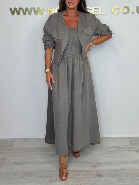 CLEARANCE🔥 Linen Smocked Dress With Over Jacket Two-piece Set